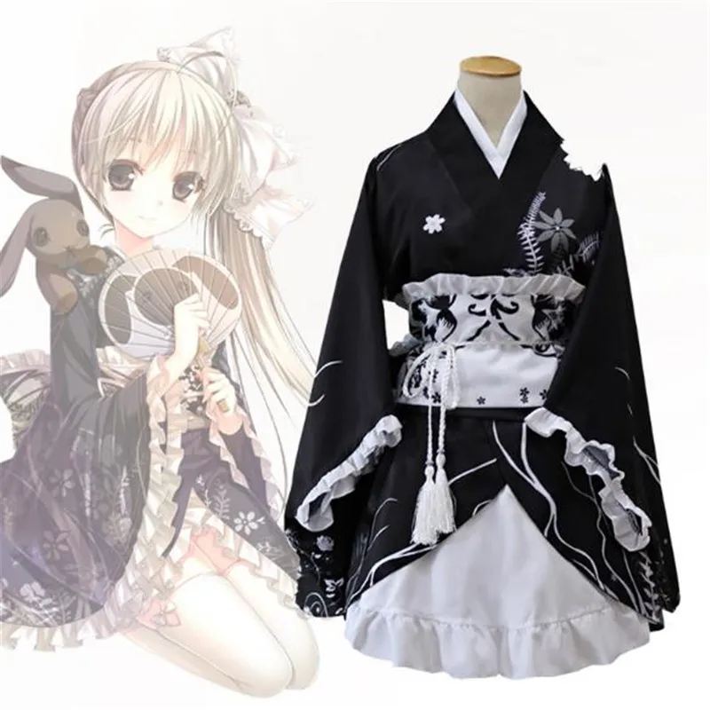 Where we are least alone Kasugano Sora Girl Lolita Adorable series Summer Black Kimono Bathrobe Cosplay Costume set High quality |