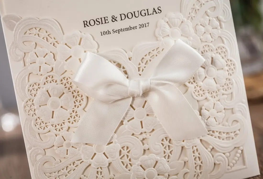  White Laser Cut Wedding Invitations Ribbon Wedding Cards Birthday Card Matched with RSVP & Thank Yo - 32989080991