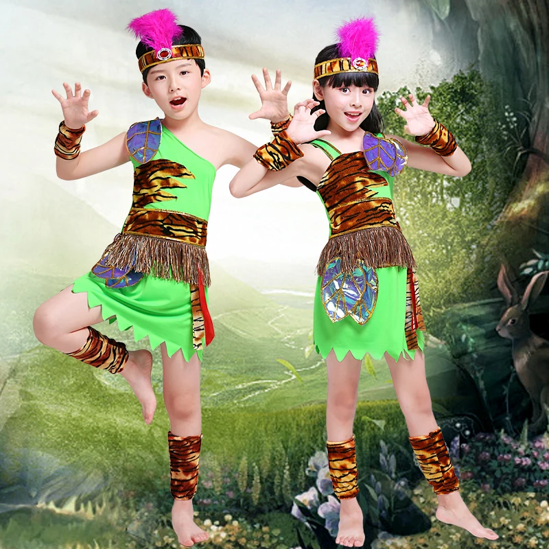 

Green Halloween Kid Savage Cosplay Costumes leopard Indian Primitives Dress Performance Props Clothing Hunter Clothes
