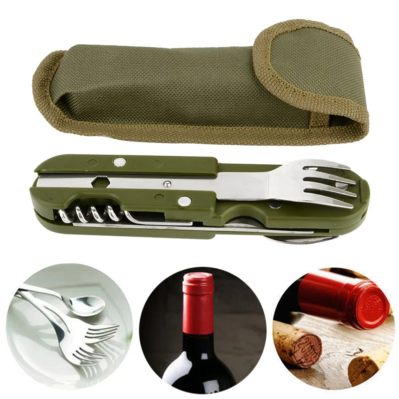 

Army Green Folding Portable Stainless Steel Camping Picnic Cutlery Fork Spoon Bottle Opener Flatware Tableware Travel Kit Pouch