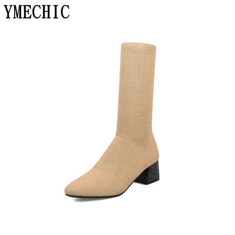 Женские вязаные сапоги до середины икры YMECHIC Осень зима 2018 высокие блестящие на