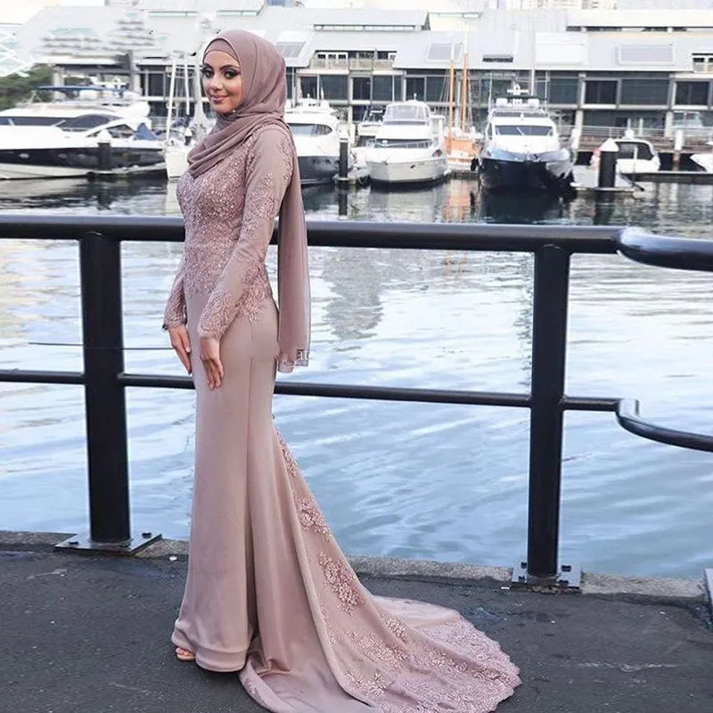 

Muslim Evening Dresses Appliques Mermaid Long Sleeves With Scarf Islamic Dubai Saudi Arabic Long Prom Gown abendkleider 2021