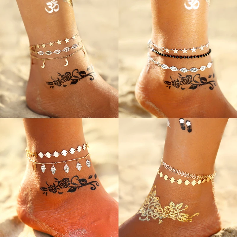 

17MILE New Bohemian Heart Multiple Layers Anklets for Women Gold Silver Color Leaf Star Beads Chain Anklet Summer Beach Jewelry