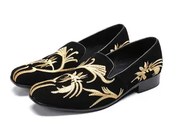 

New mens fashion velvet gold embroidery loafers pointed toe slip on flat casual shoes driving velvet shoes black moccasins 38-46