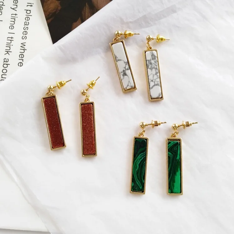 

2019 New Fashion Rectangle Geometric Marbled White Red Green Natural Stone Dangle Earrings for Women Jewelry Christmas Gift