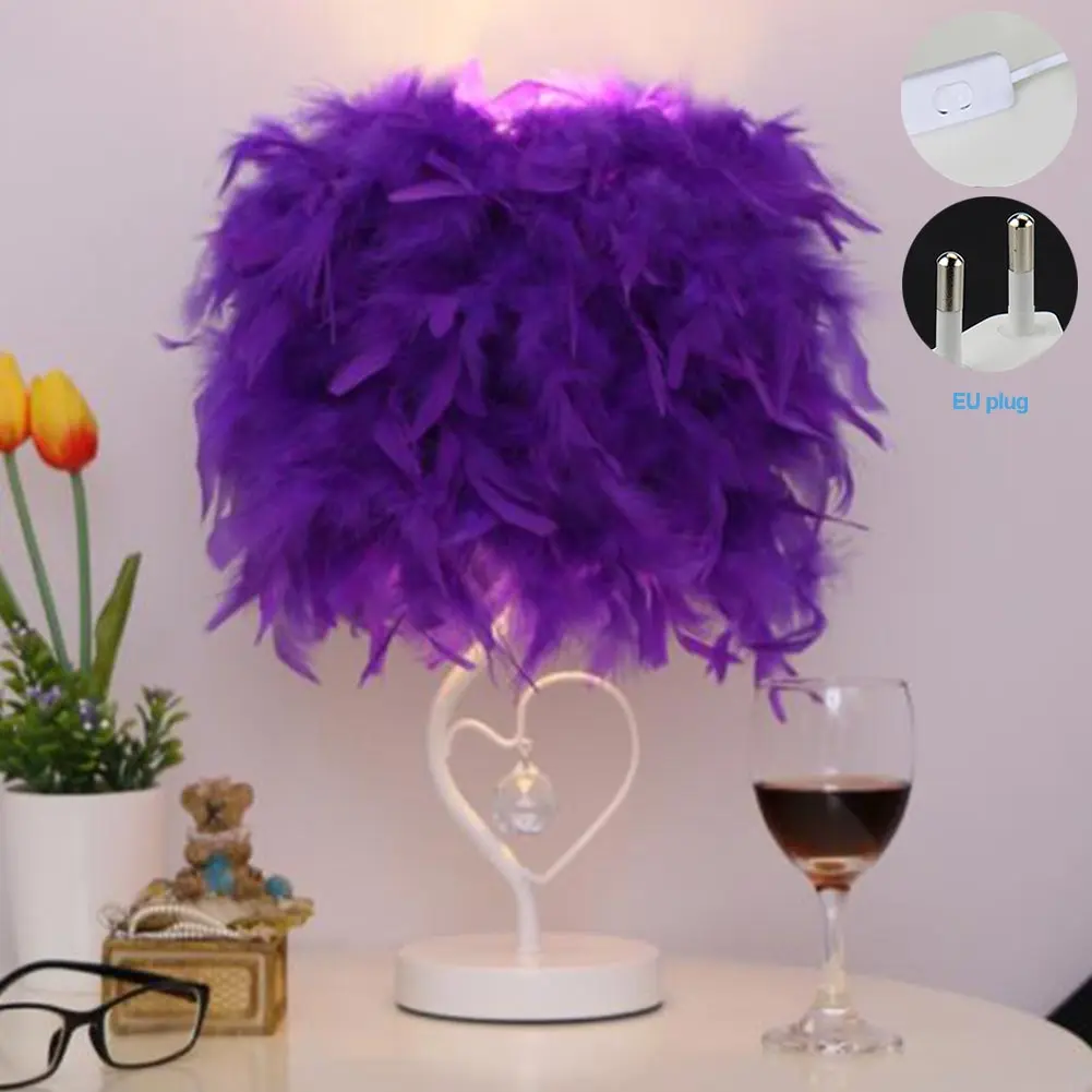 

Home Decor Artificial Feather Art Light Heart Shape Gift Desk Crystal Bedside Table Lamp Living Room