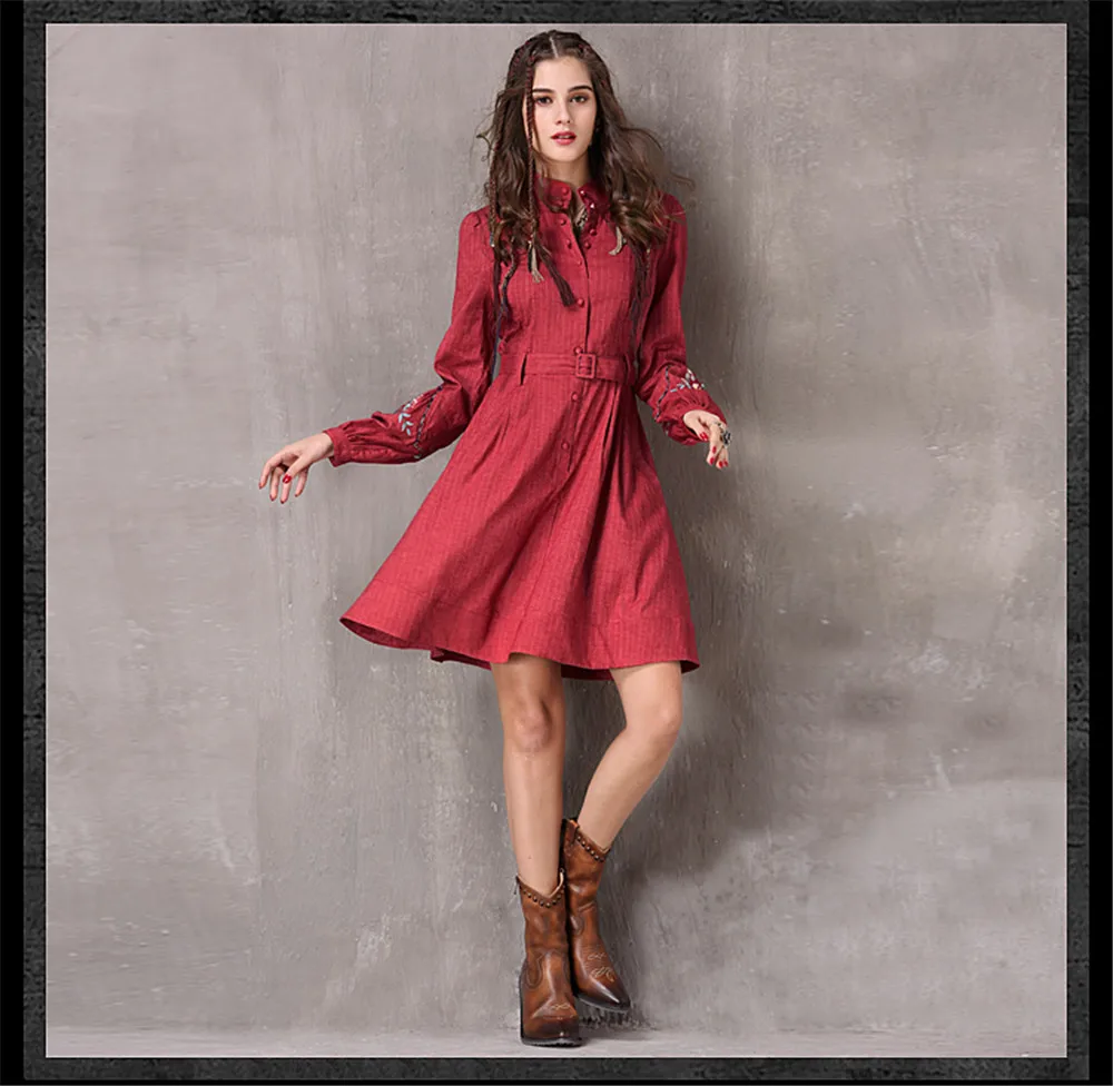 Vintage Spring Women's Dress 2018 New Cotton Linen Vestidos A-line Lantern Sleeve Stand Collar Belted Red Dresses For Women (12)