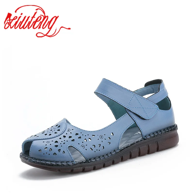 

Xiuteng Summer New Handmade Women's Shoes National Style Genuine Leather Hollow Women's Sandals soft Flat with Sandals Mon Gift