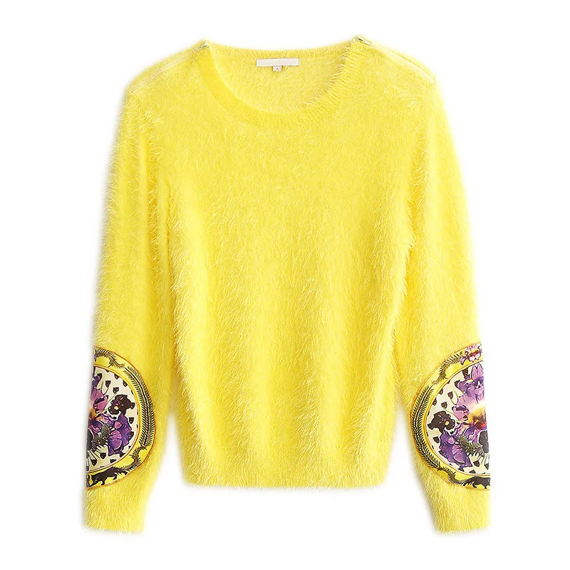 Yang Ying's New Spring 2019 Circular Collar Sticker Printed Long-sleeved Mohair Pullover Sweater Women Pullovers O-Neck