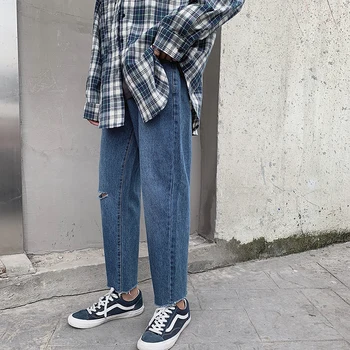 

Summer New Jeans Men Fashion Solid Color Straight Tube Casual Tear Hole Denim Pants Man Hip Hop Loose Trousers Male Clothes