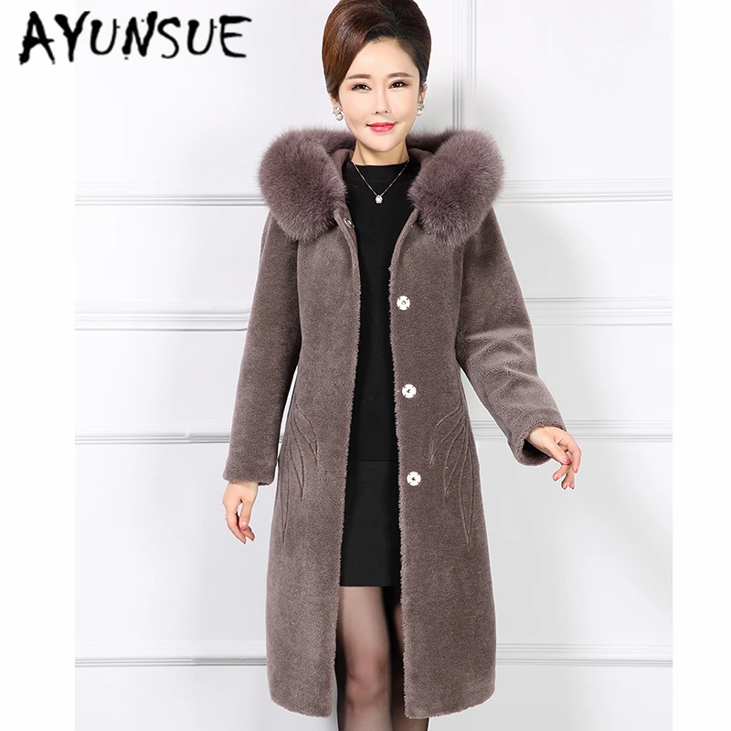 

AYUNSUE 2019 Winter Jacket Women Clothing Real Fur Coat Female with Fox Fur Collar Hooded Thick Sheep Shearing Long Jackets 6252