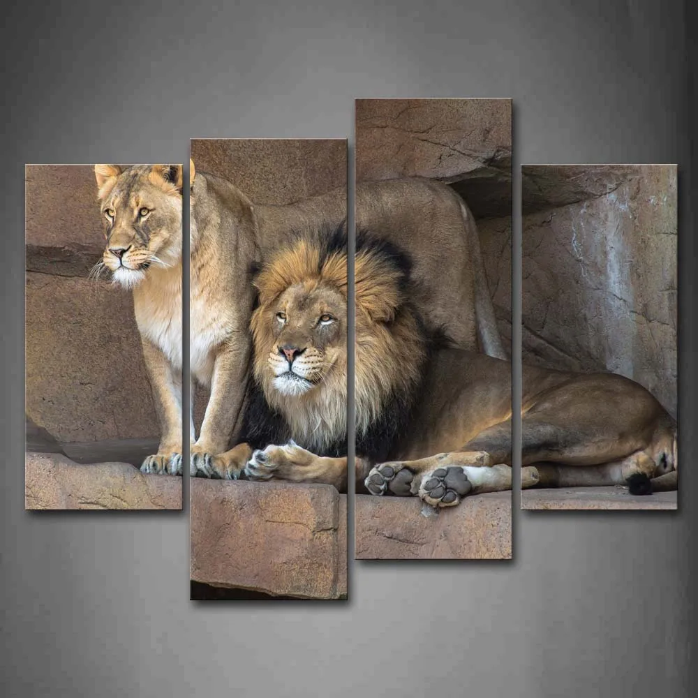 

4 Pics Framed Wall Art Picture Lion Rock Cave Canvas Print Animal Modern Posters With Wooden Frame For Home Office Decor