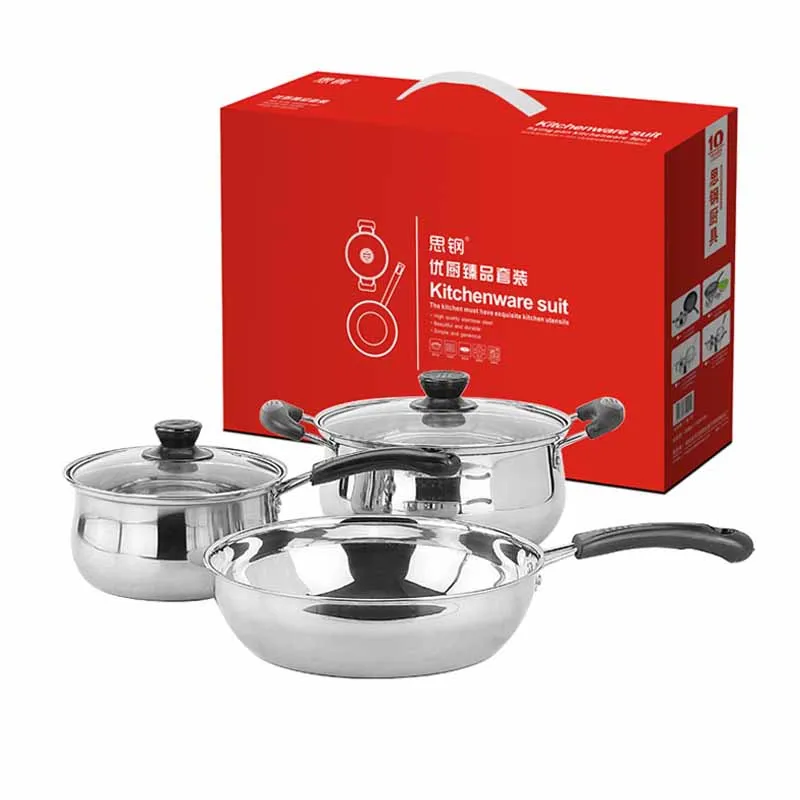 

3 PCS stainless steel set pot kitchen soup milk pot frying pan multi-function cookware