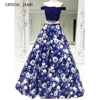 

New Arrival 2019 Off the Shoulder Navy Floral Printed Evening Dresses Custom made A Line Two Pieces Formal Long Evening Gown