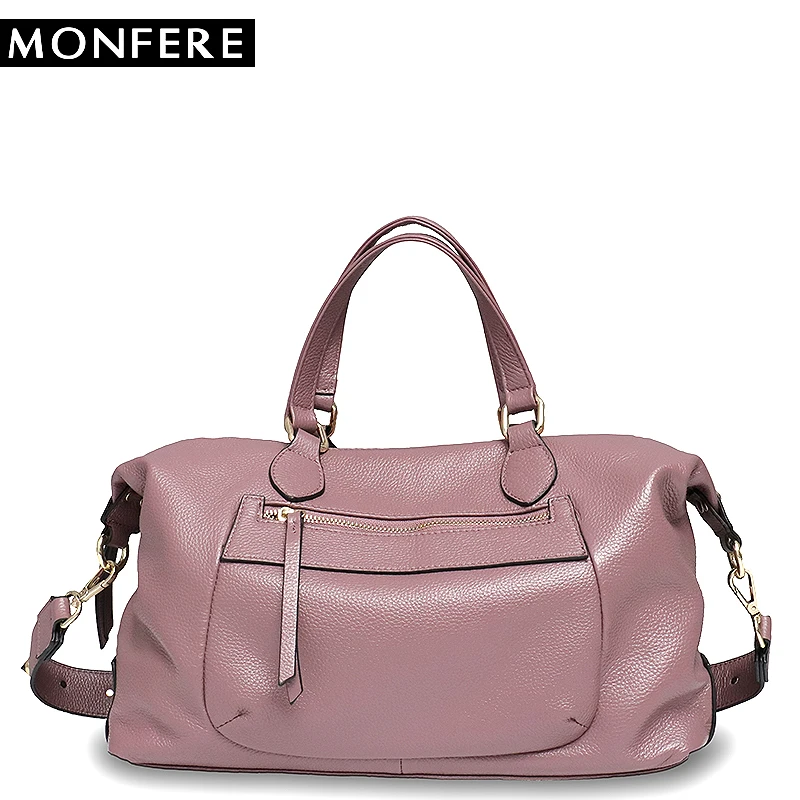

MONFERE Brand Real leather Boston Women Handbag Casual Pillow hobos shoulder Bag Zipper Pockets Rivets Wide Strap Crossbody bag