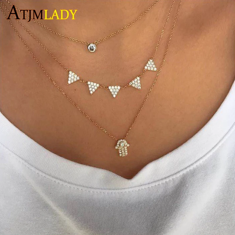 

minimalist 100% 925 sterling silver jewelry tiny cute micro pave cz triangle linked thin chain 3 color mix women silver necklace