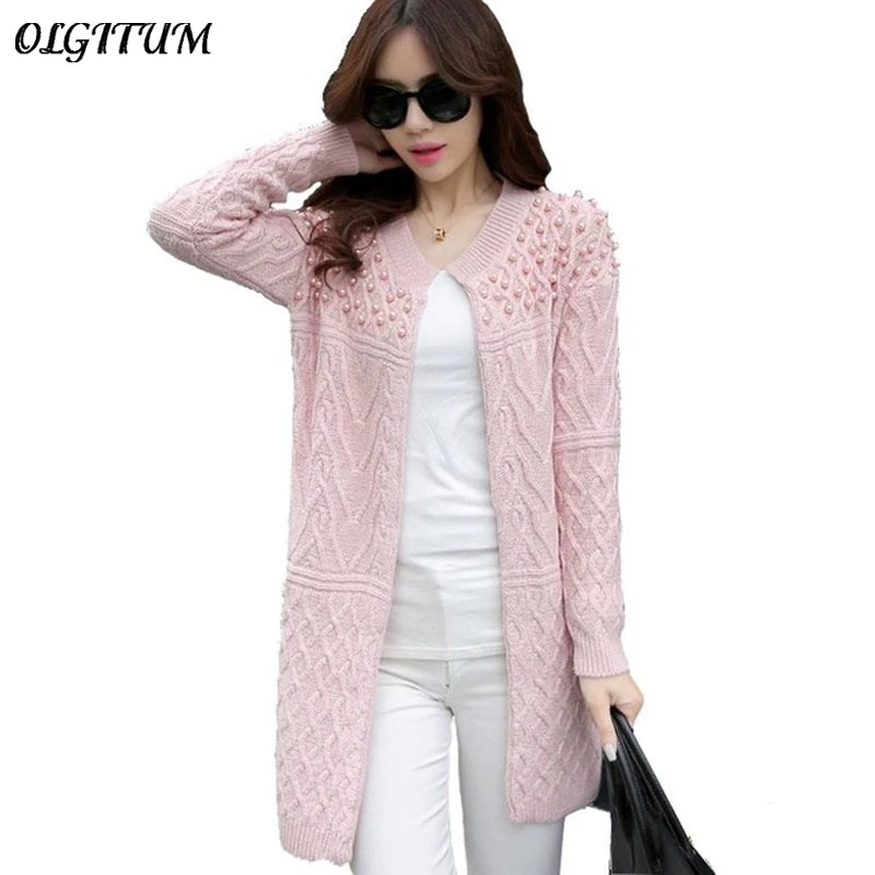 

Autumn Winter Brand Design Beading O-neck Long Knitted Sweaters Women coat Elegant Casual Cardigans Knitwear