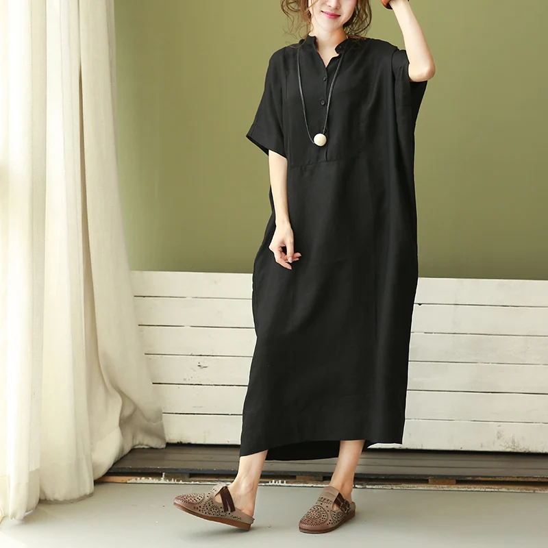 

2017 famale orignal design new summer stand-made Chinese copper ammonia wire stitching linen down loose large size dress