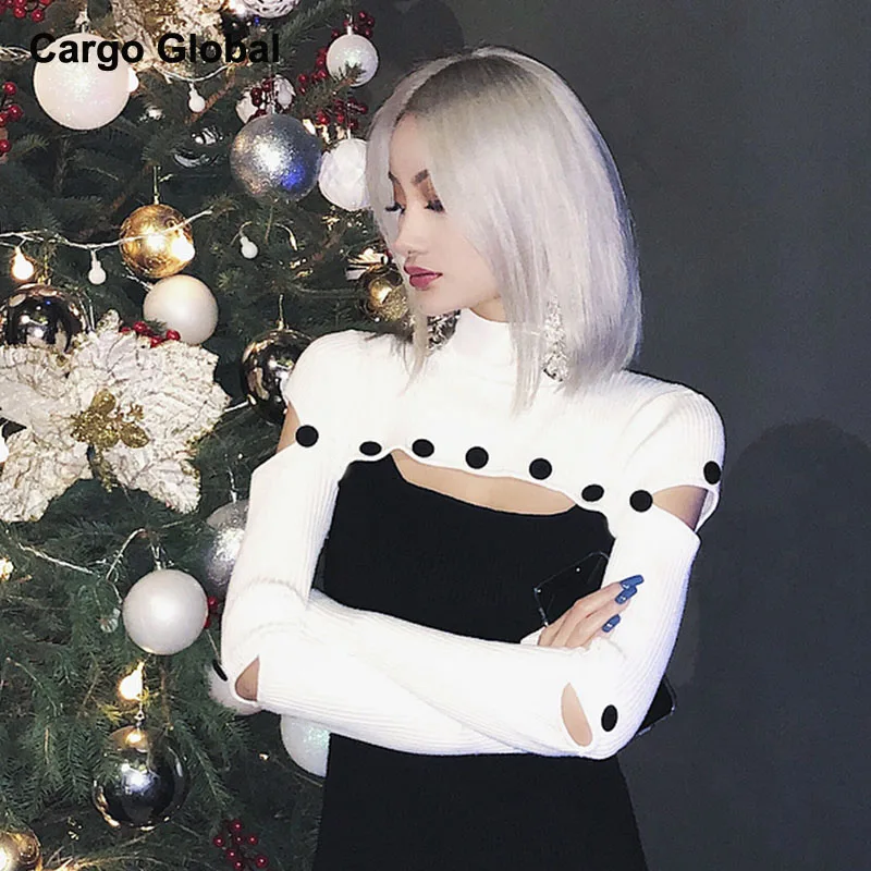 Autumn New Crop Top High Neck Shawl Button Women Style Temperament Ultra Short Hole Long Sleeve T-Shirt | Женская одежда