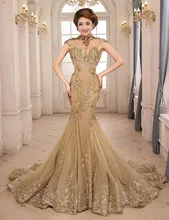 Vestido De Festa 2016 Mermaid Evening Dresses Gowns Gold Luxury Night Applique High Neck Sheer Cap Sleeve open Back Party Gown