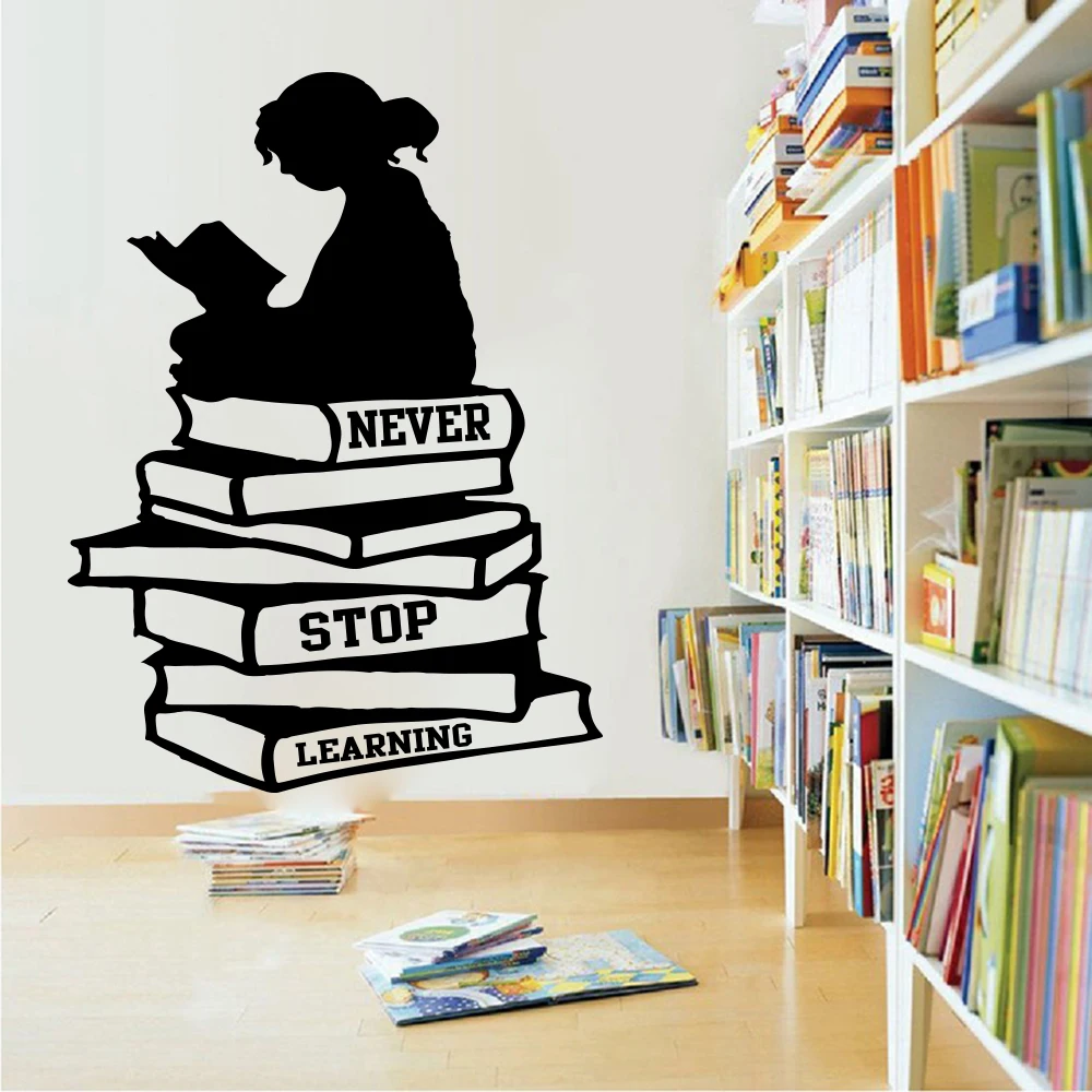 

Large Girl Reading Books Never Stop Learning Quote Wall Decal Library School Book Inspirational Quote Wall Sticker Education Art
