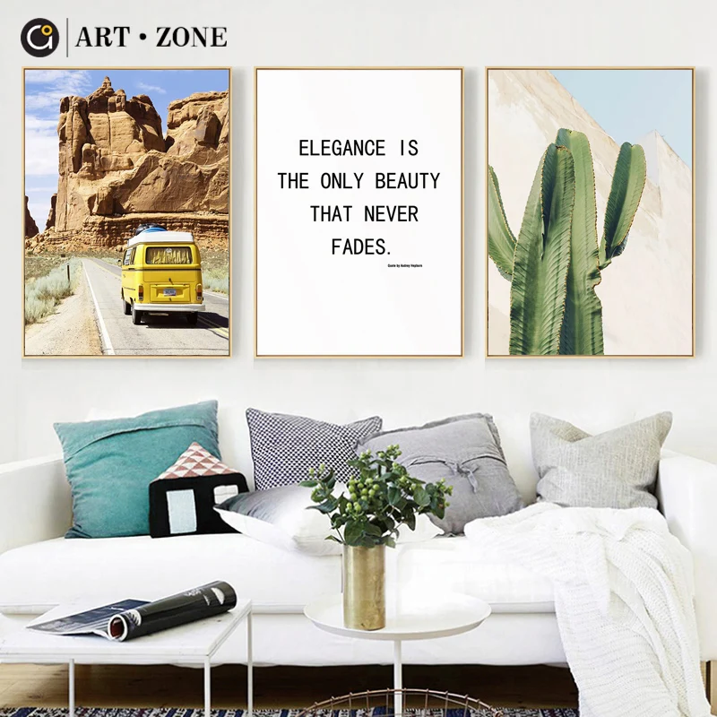 

ART ZONE Tourist Landscape Photography Picture Letter Quote Yellow Bus Cactus Modern Canvas Painting Home Decor Poster