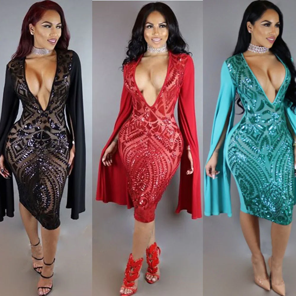 Sexy Sequins Bodycon Dress Nightclub CHEAPEST Club Dress 2018 Sexy Short Dress 3 Colors F0089 Deep Split Long Sleeve