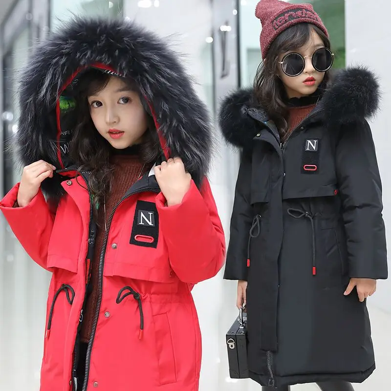 

2018 girls duck Down Jackets Russian Winter Long Sections Thickening Warm Outerwear & Coats Girl Fur Collar jacket & Parkas -35