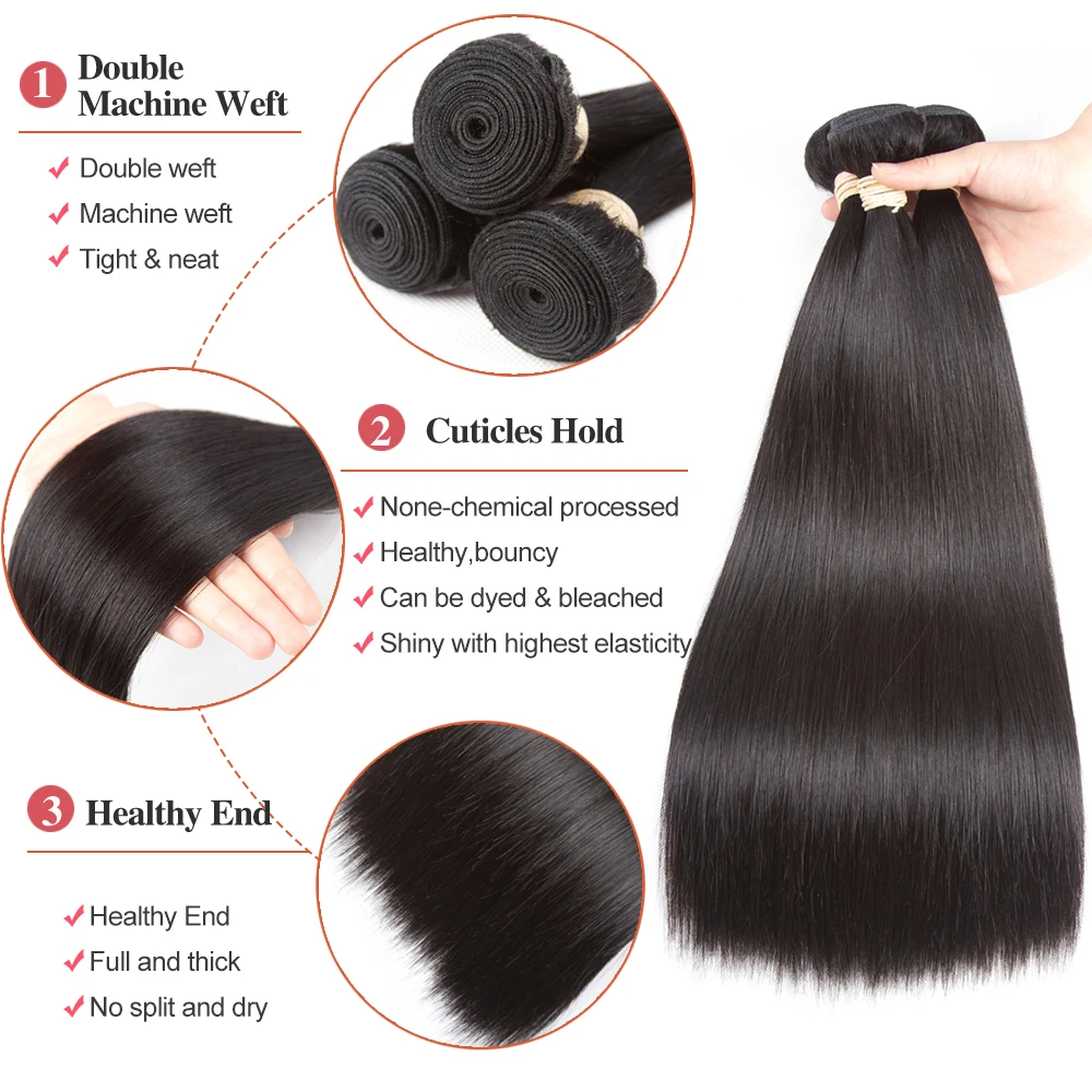 Beaudiva Hair Extension 100% Human Hair Bundles With Closure Brazilian Hair Weave 3 Bundles Straight Bundles With Lace Closure