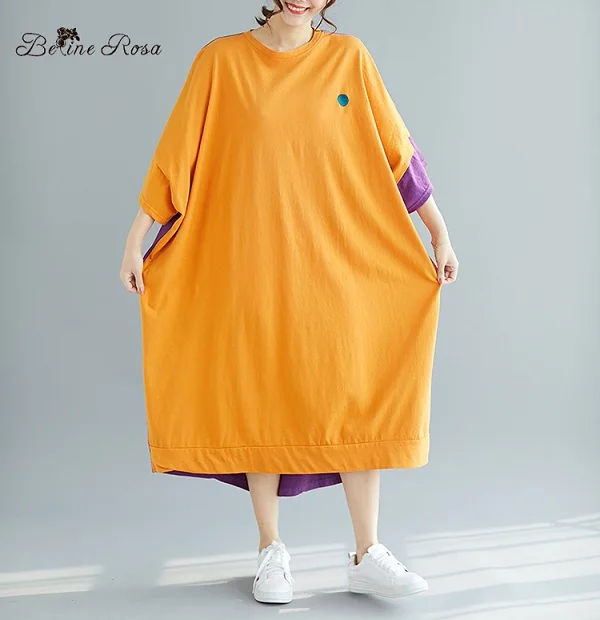 Платья-рубашки из хлопка BelineRosa, Платье-футболка большого размера в корейском стиле, летом,размер 48 50 52 54 56 58 60, XE000038 - Цвет: orange