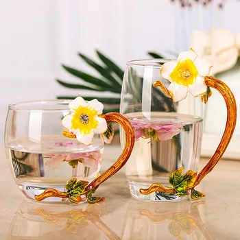 

Vintage Diamond Glass Cups Flower Enamels coffee mug Wedding Valentine's Day Gifts 330ml 350ml