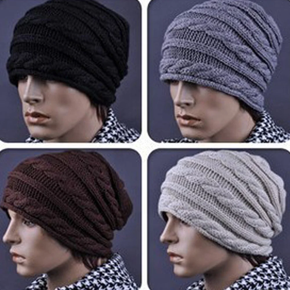 Men Knitted Winter Warm Ski Hat Braided Crochet Slouch Oversized Beanie Cap HATBD0019