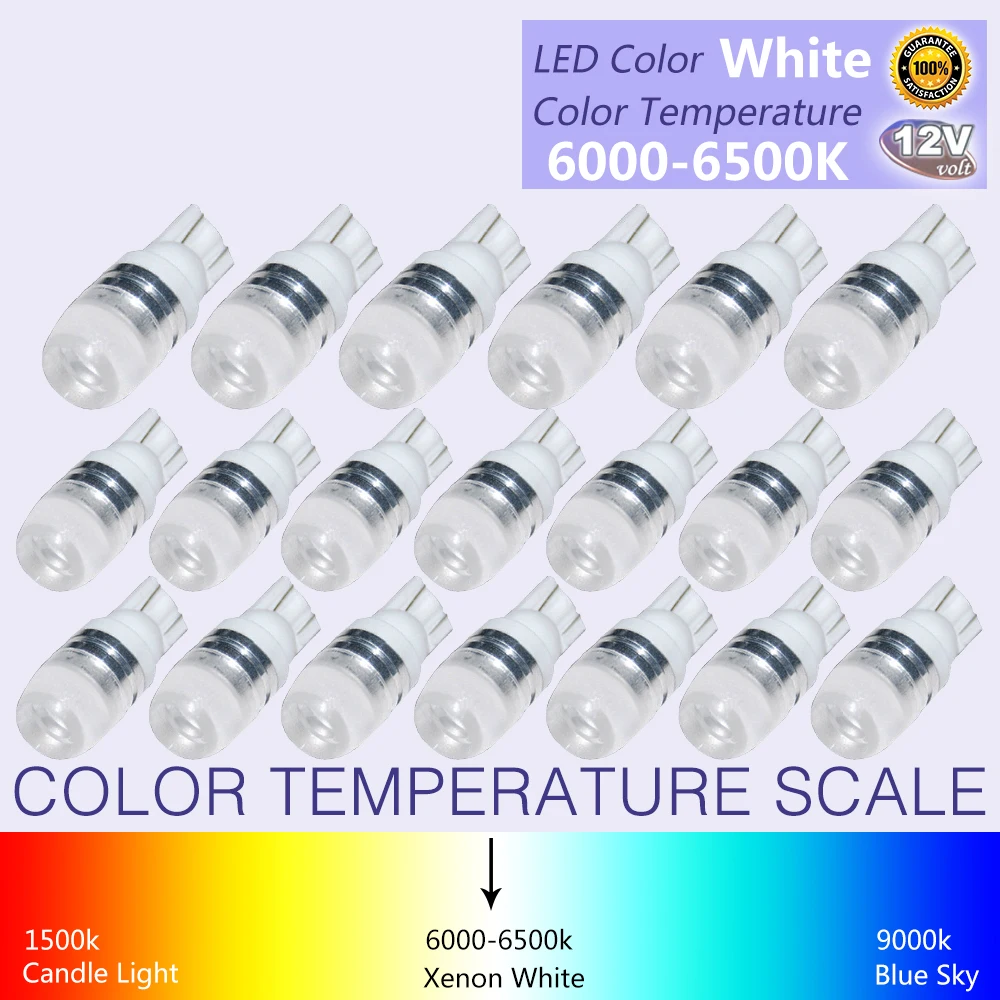 20Pcs New White Super Bright T10 LED Light 1 5W W5W 194 192 168 DC 12V