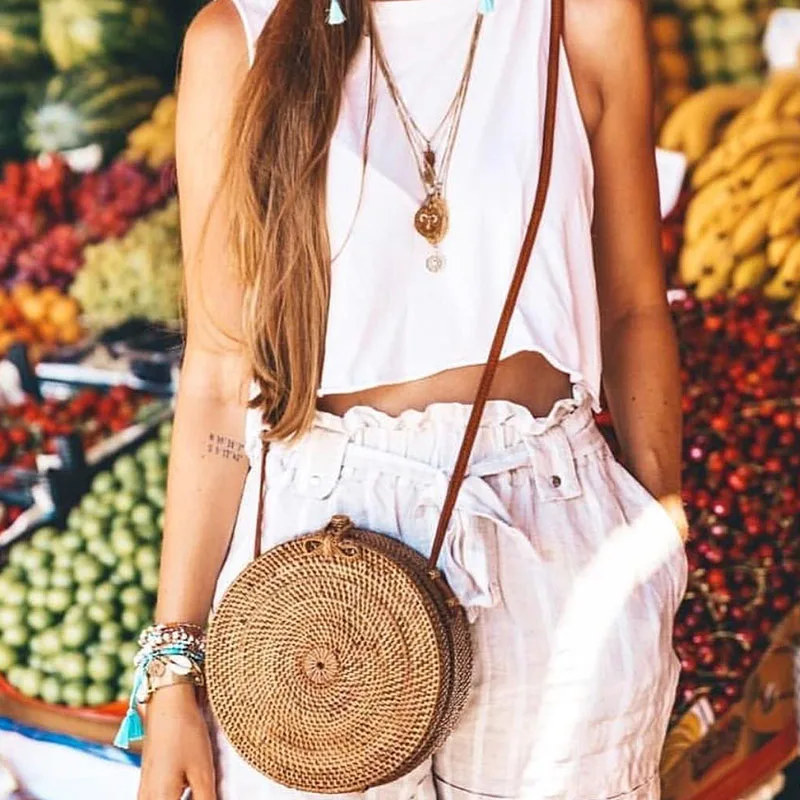 

Small Shoulder Bag Straw For Women Handbags Bali Rattan Handbag Round Sac A Main Female Woven Bahomian Beach Bag Straw Hobo