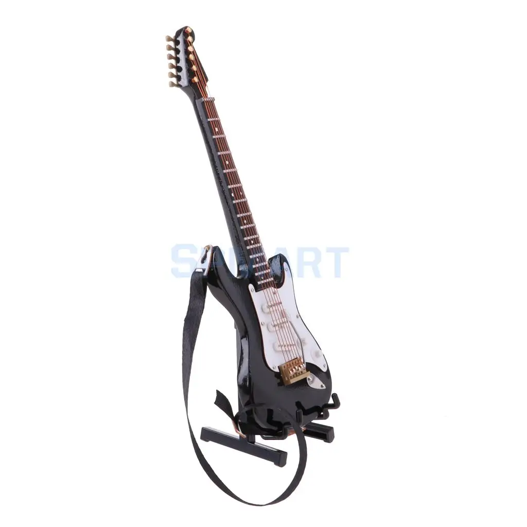 1/6 Scale Dollhouse Miniature Wooden 6-Ctrings Electric Guitar Musical Instrument Model w/ Stand for Dolls Accessory