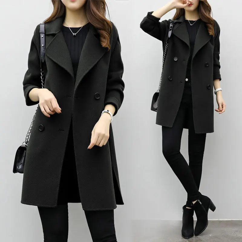 Осень Зима Новое женское двубортное шерстяное пальто длинный рукав отложной воротник Женская длинная теплая шерстяная куртка LQ224 - Цвет: black