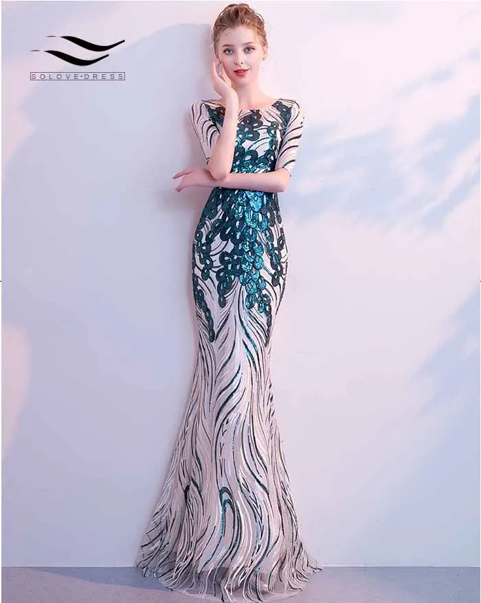 SOLOVEDRESS бирюзовое Тюлевое платье русалки с блестками и полурукавами 1/2 вечернее