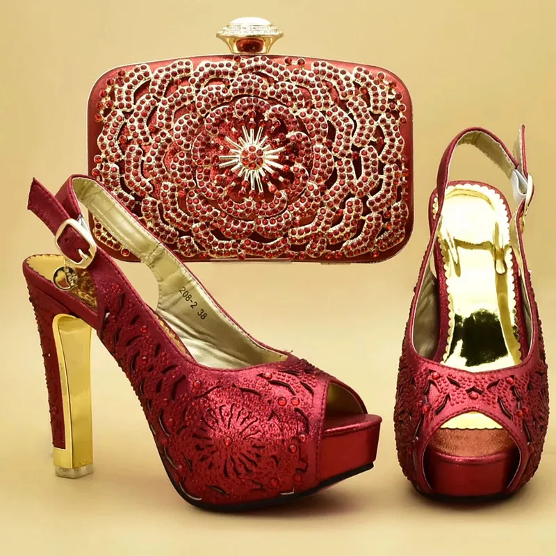 Latest Design African Women Wedding Shoes and Bag Set Decorated with Rhinestone Matching Italian Shoe and Bag Set Sexy Heels