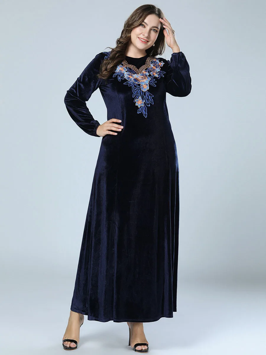 Женское Moslim abaya платье из Дубая с вышивкой темно синее длинное мусульманское