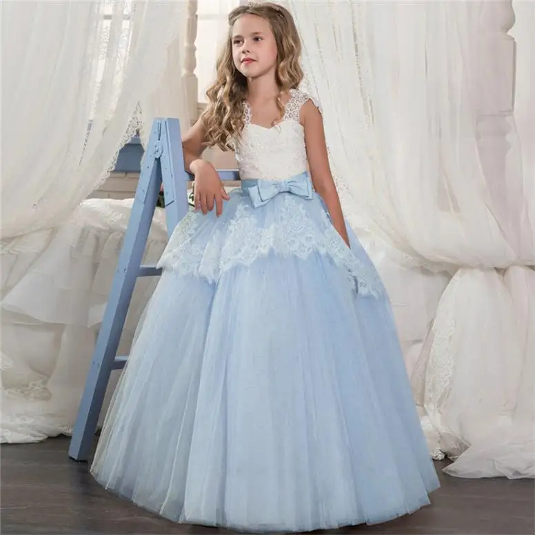 Elegent Flower Long Prom Gowns Teenagers Dresses For Girl Children Party Clothing Kids Evening Formal Dress Bridesmaid Wedding - Color: Blue 1 dress