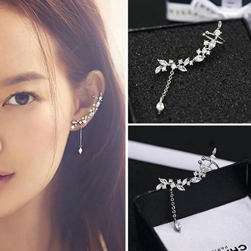 

Newest Style Drop Shipping Fashion Sterling Silver 925 Crystal Stud Earrings Leaf Tassel Earrings Jewelry Pendientes Brincos