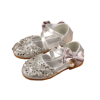 

Dollplus Kids Sandals Children Leather Shoes Casual Girls Princess Flat Heel Party Sandals Fashion Sequins Bow Pearl Kids Shoes