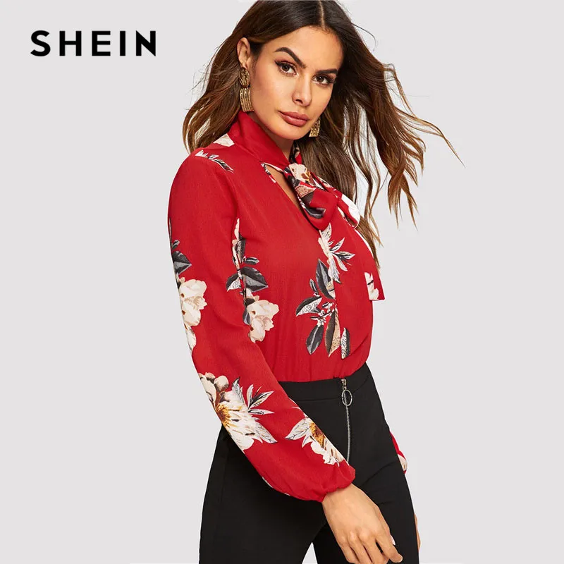 SHEIN Стильный Топ С Цветочным Принтом 2019 Женские Осенние Элегантные Блузки И