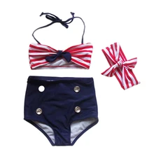 Купальный костюм для малышей; купальник-бикини в полоску с бантом и повязкой на голову; Летний Пляжный Купальник