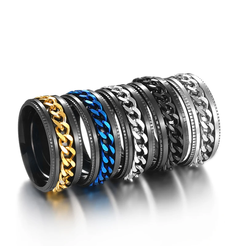 Punk Rings 8mm Spinner Chain Men Rotatable Stainless Steel Ring