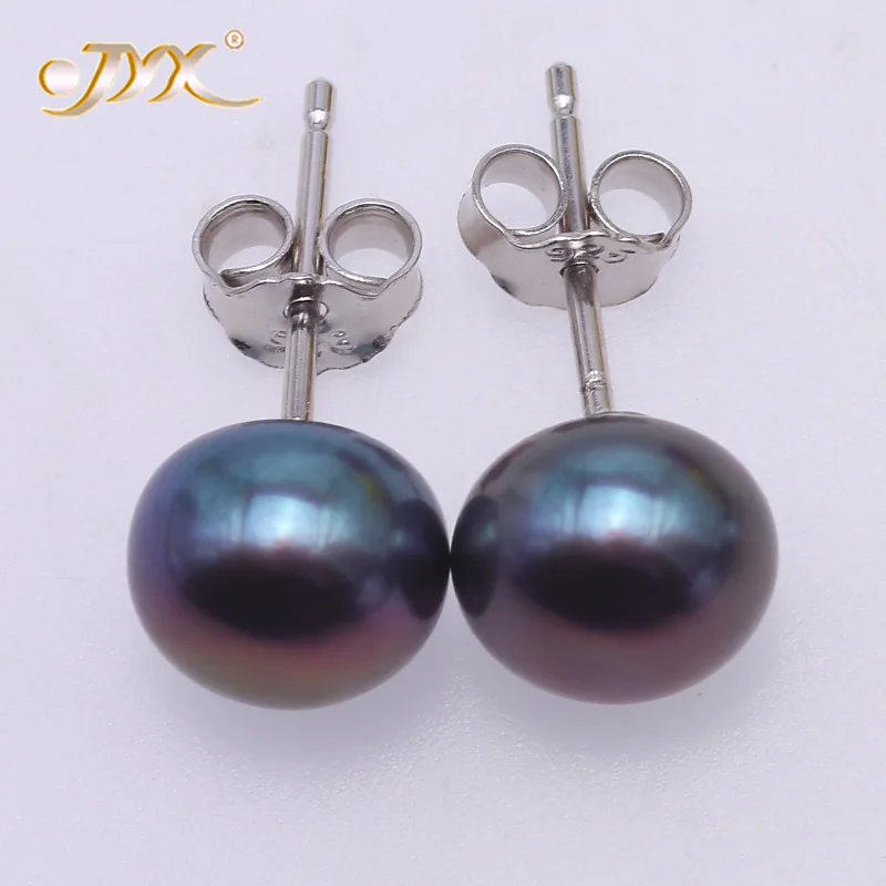 JYX Fun Earrings for Women Freshwater Pearl Earrings 925 Silver Fashion Jewelry Gray Blue Flat Round Ear Studs Female (7-8mm)