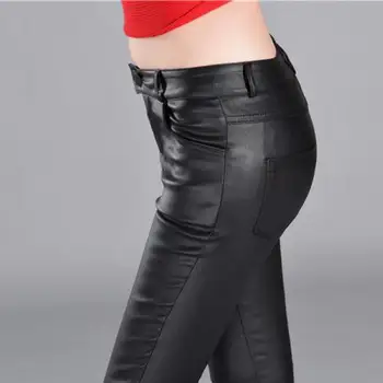

2019 Autumn Winter Plus velvet leather pants High waist elastic shiny trousers female pencil leather pants women pantalon femme