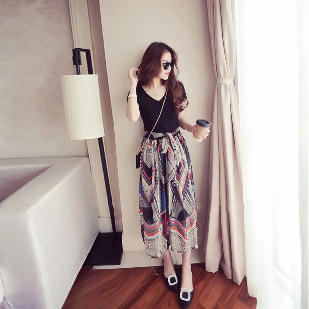 Dress Maxi Dress Women Polyester Print Ankle-length v-neck 3XL Summer Daily Casual Loose Ladies Work Splice Long Dress платье Z4