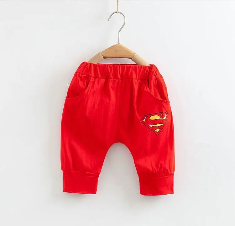Розничная! Детский комплект одежды для 3-7 лет, летний костюм из чистого хлопка с рисунком Супермена и Человека-паука для маленьких мальчиков и девочек, короткие брюки с рукавами