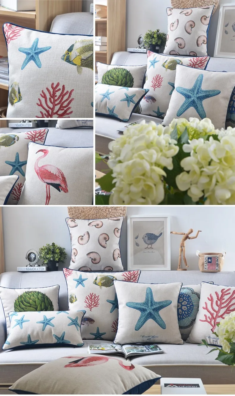 American Mediterranean Pillowcase Seaweed Starfish Linen Pillow Fish Cushion Waist Throw Pillows Home Decorative Sofa Cushions